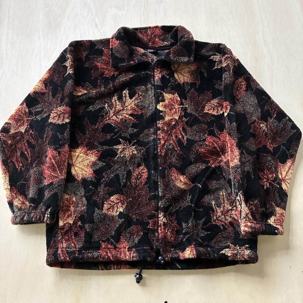 Vintage Awesome Wear Fleece Jacket Mens Small Black Autumn Leaf Print Full Zip